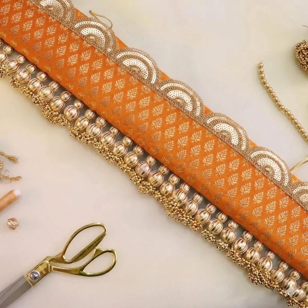 Classic Straight Toran - Orange kalash - small motifs brocade toran