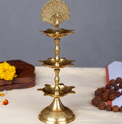 Peacock Heritage Festive Decor Set | Traditional Indian Table Decor with Brass Urli, Peacock Lamp & Brocade Placemats