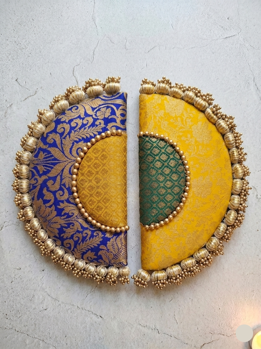 Handcrafted Banarasi Silk Semi Circle Placemat Set with Pearl Beaded Border – Festive Table Decor