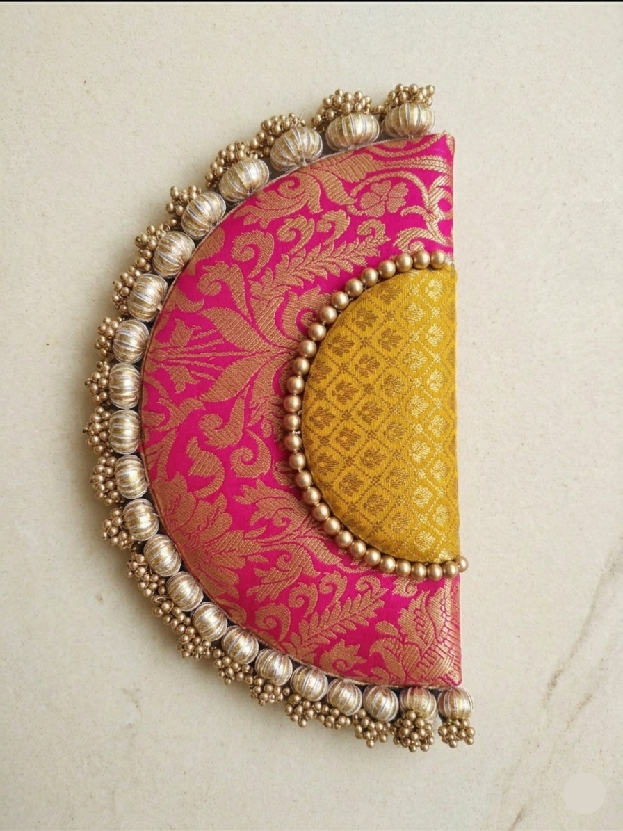 Handcrafted Banarasi Silk Semi Circle Placemat with Pearl beaded Border detailing