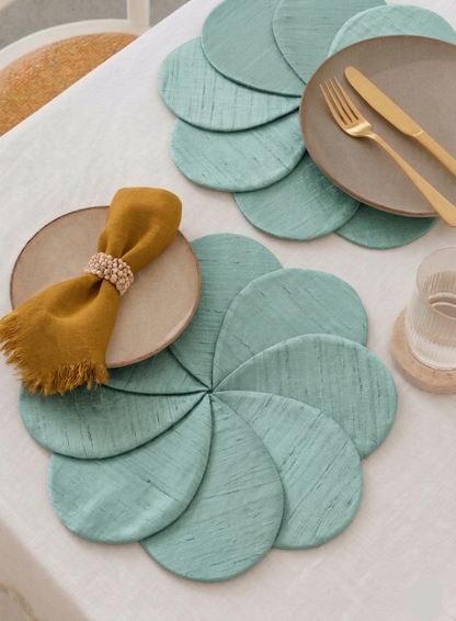 Light Aqua Flower Shape Layered Placemat – Textured Brocade Table Mat