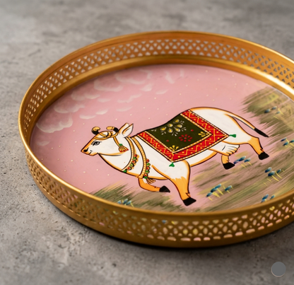 Light Pink Pichwai Cow & Lotus Tray – 12 Inch