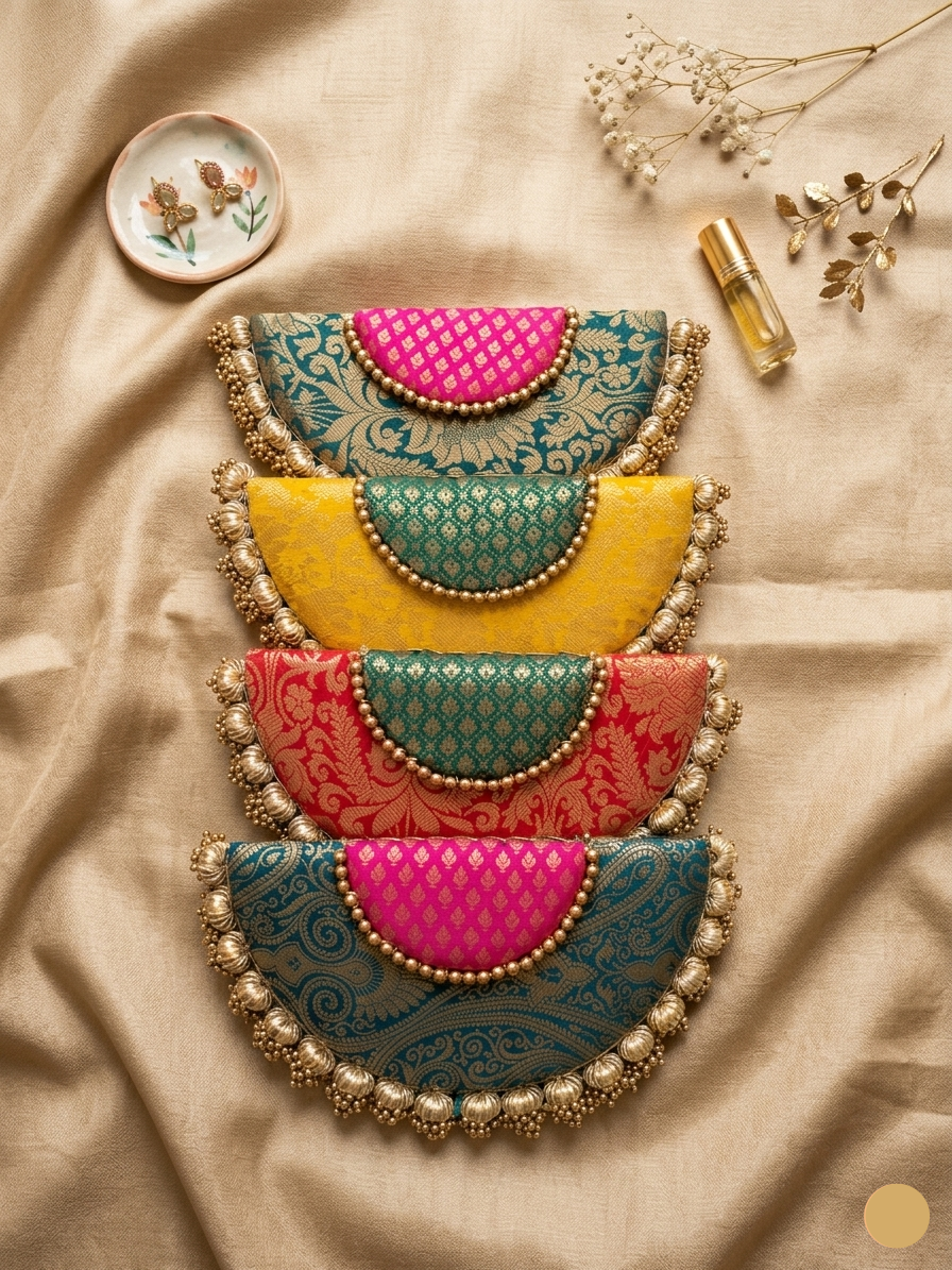 Handcrafted Banarasi Silk Semi Circle Placemat Set with Pearl Beaded Border – Festive Table Decor