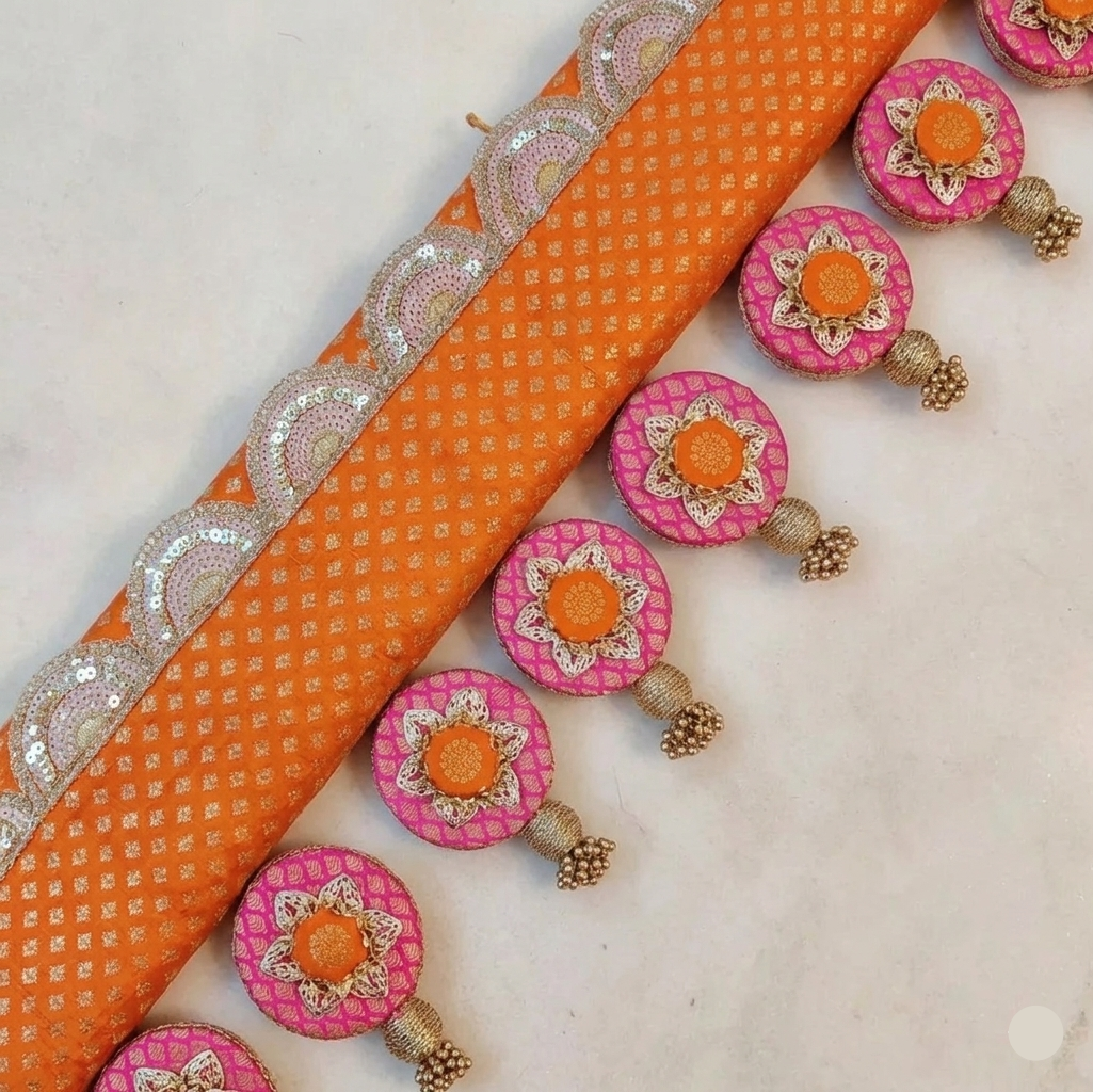 Classic Circular pendant Toran  -  orange  Gulabi - small motifs brocade toran
