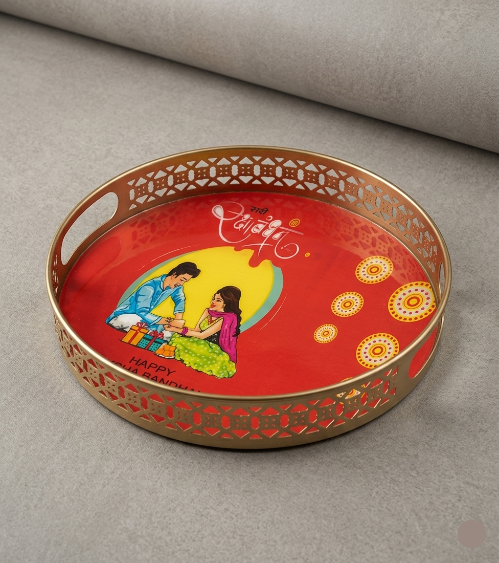 Red Raksha Bandhan - Pichwai Cow & Lotus Tray – 12 Inch