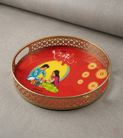 Red Raksha Bandhan - Pichwai Cow & Lotus Tray – 12 Inch