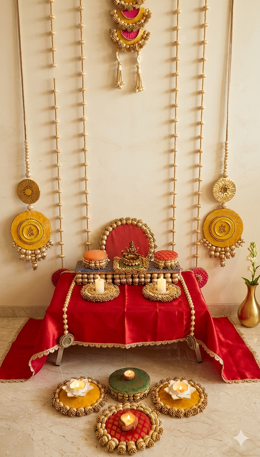 poojas_decor_edits x Decorchidiya – Royal Crimson Ardhchandrama Festive Decor Set – 15 Pieces