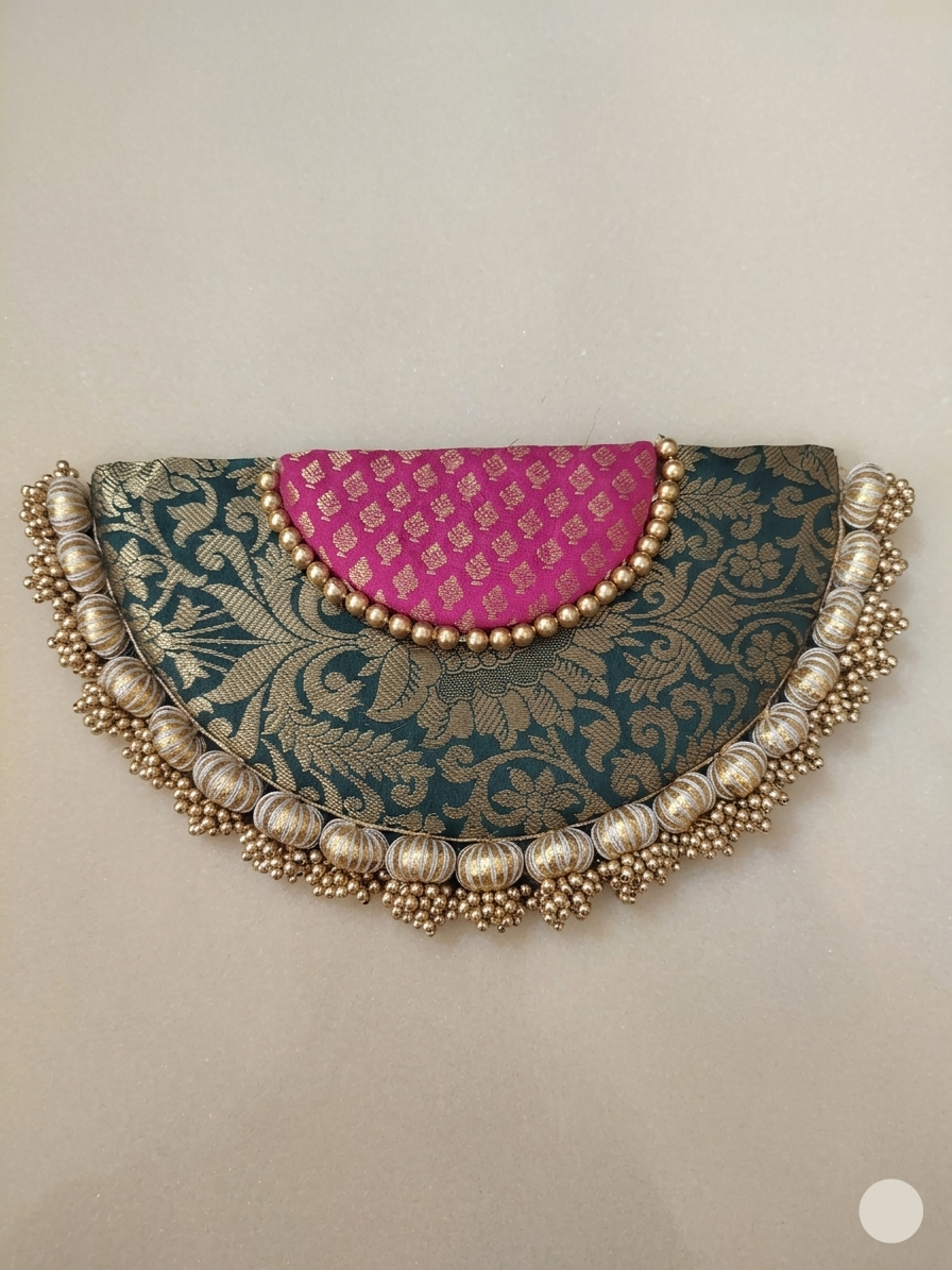 Handcrafted Banarasi Silk Semi Circle Placemat with Pearl beaded Border detailing