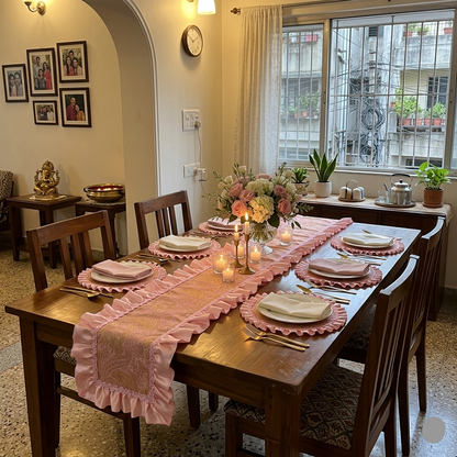Blush Brocade Ruffled Table Set – Placemats & Runner