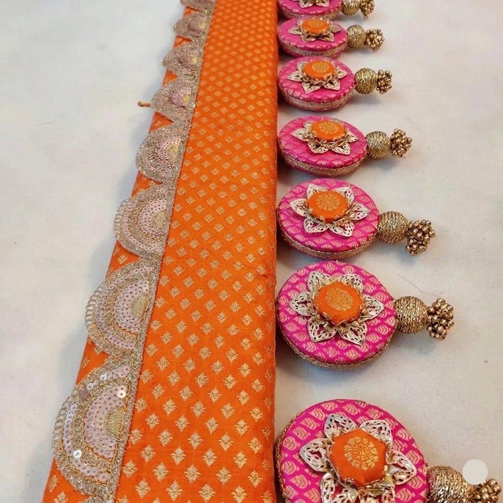 Classic Circular pendant Toran  -  orange  Gulabi - small motifs brocade toran
