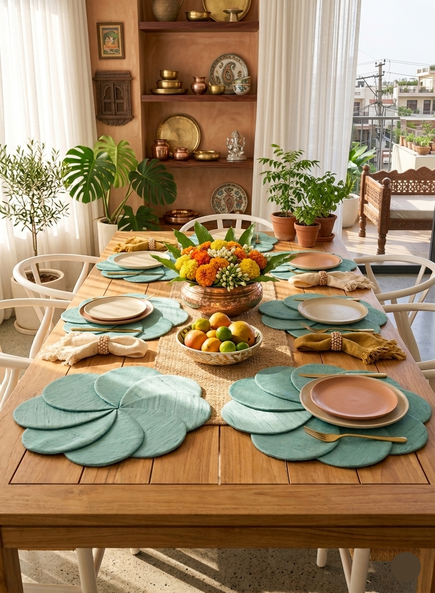 Light Aqua Flower Shape Layered Placemat – Textured Brocade Table Mat