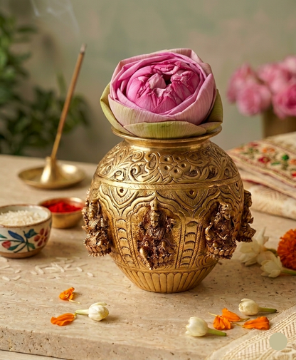 Antique Hand-Carved Brass Kalash for Pooja & Festive Decor