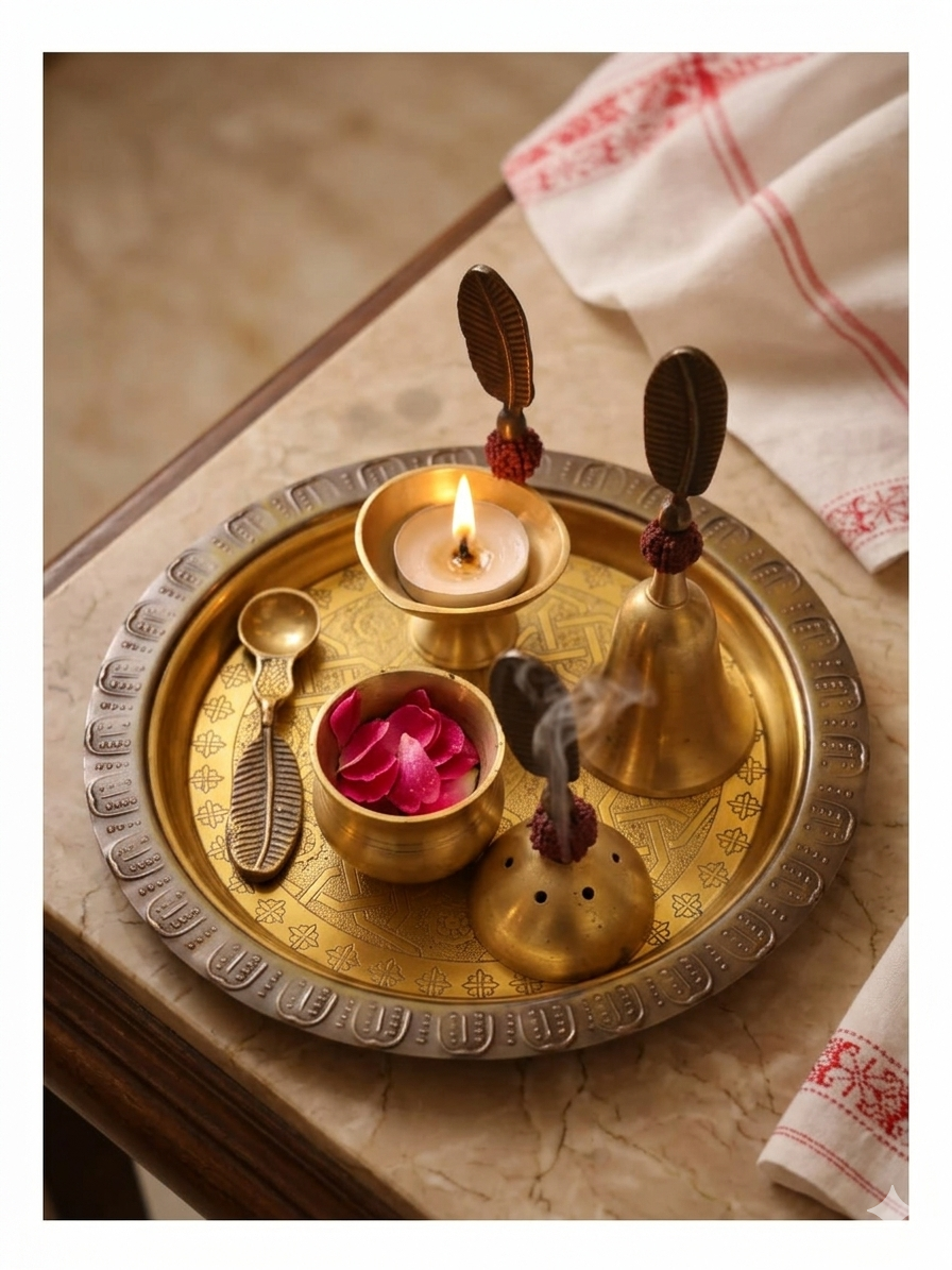 Traditional Brass Pooja Decor Set (11 Pieces) with Kirtimukh Prabhavalli & Gauri Mukh