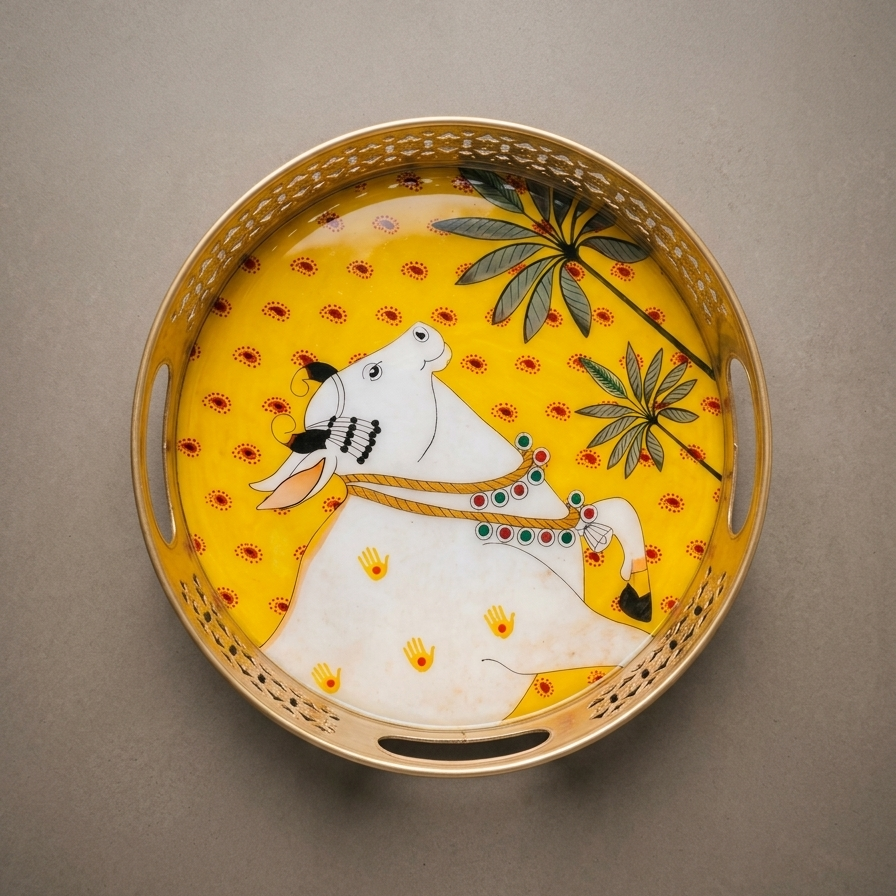 Yellow Pichwai Cow & Lotus Tray – 12 Inch