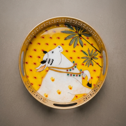 Yellow Pichwai Cow & Lotus Tray – 12 Inch