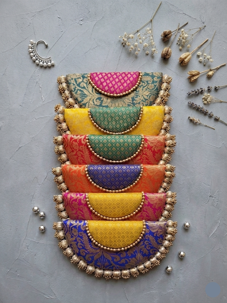 Handcrafted Banarasi Silk Semi Circle Placemat Set with Pearl Beaded Border – Festive Table Decor