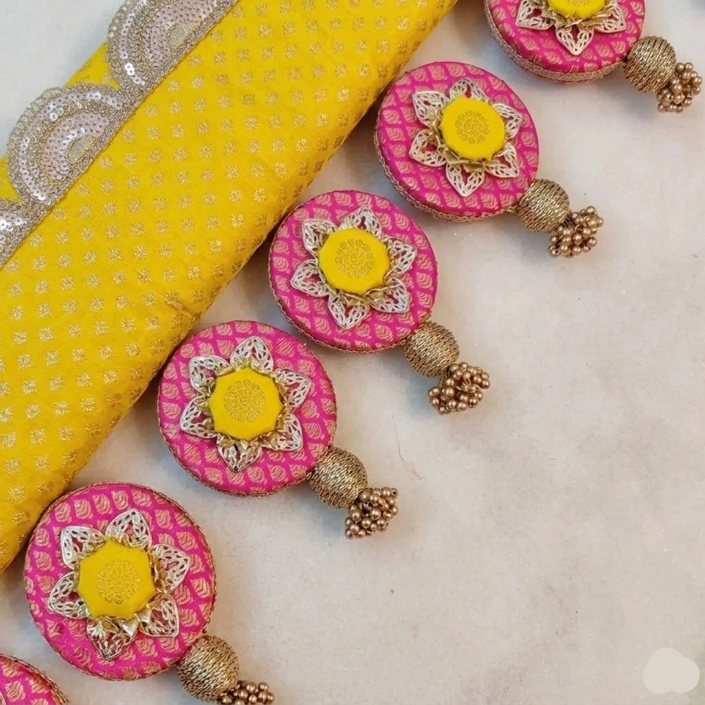 Classic Circular pendant Toran  - yellow Gulabi - small motifs brocade toran