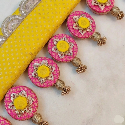 Classic Circular pendant Toran  - yellow Gulabi - small motifs brocade toran