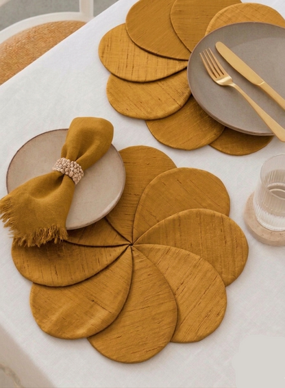 Mustard Flower Shape Layered Placemat – Textured Brocade Table Mat