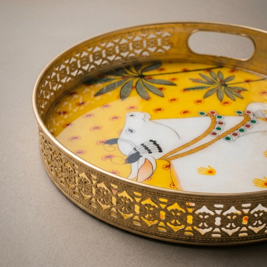 Yellow Pichwai Cow & Lotus Tray – 12 Inch