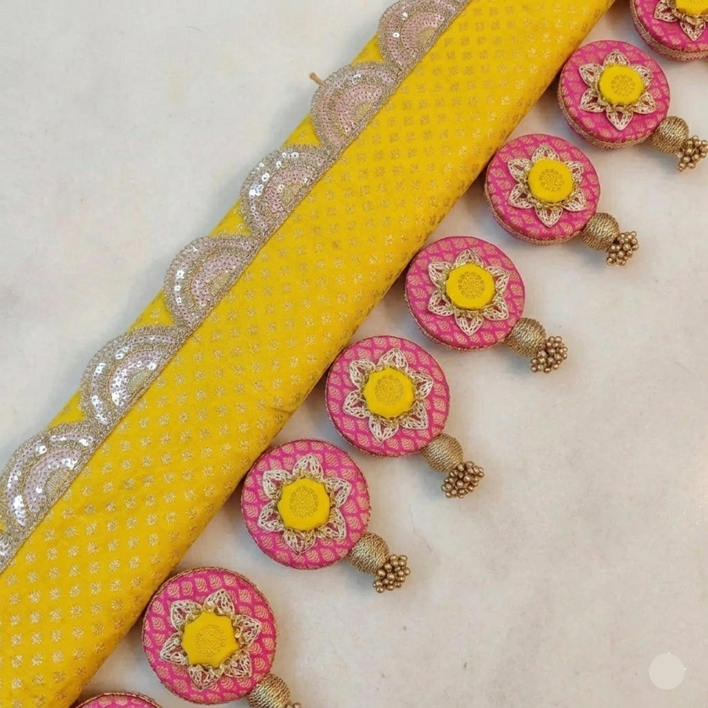 Classic Circular pendant Toran  - yellow Gulabi - small motifs brocade toran