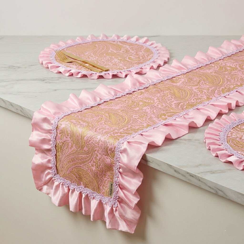 Blush Brocade Ruffled Table Set – Placemats & Runner