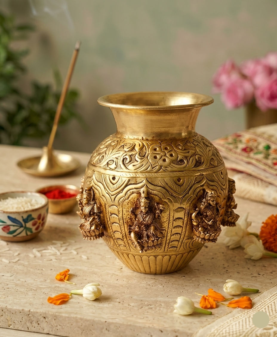 Antique Hand-Carved Brass Kalash for Pooja & Festive Decor