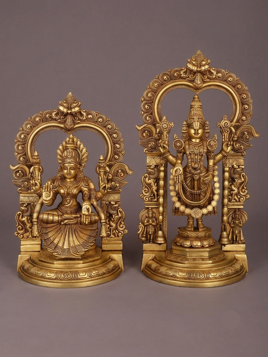 22" Lord Tirupati Balaji Venkateshvara & Padmavathi Brass Statue Pair | Premium Brass Hindu God Idol Set for Home Decor & Pooja