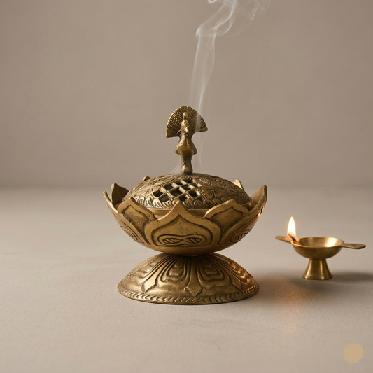 Vintage-Style Brass Lotus Incense Cone Holder with Peacock Finial
