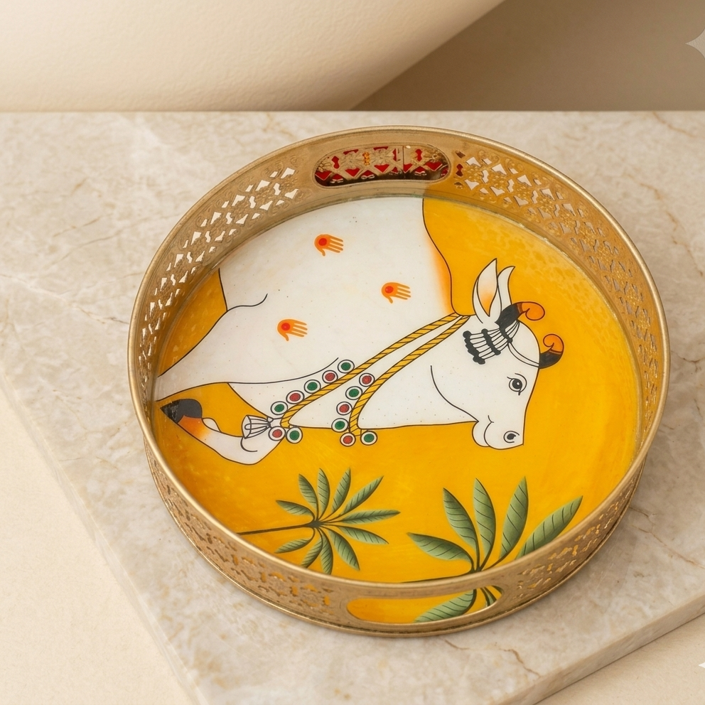 Yellow Pichwai Cow & Lotus Tray – 12 Inch