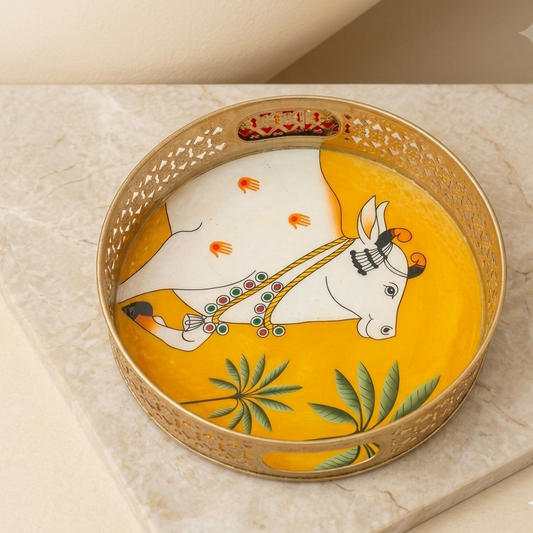 Yellow Pichwai Cow & Lotus Tray – 12 Inch