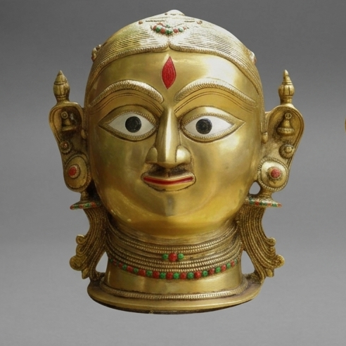 Handcrafted Solid Brass Gauri Head Mask (10-inch) with inlay and enameling