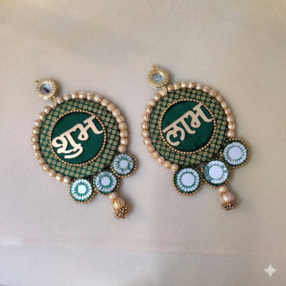 Mirrorwork Shubh labh hanging Pair - green  / Pair /Reversible / one side mirror