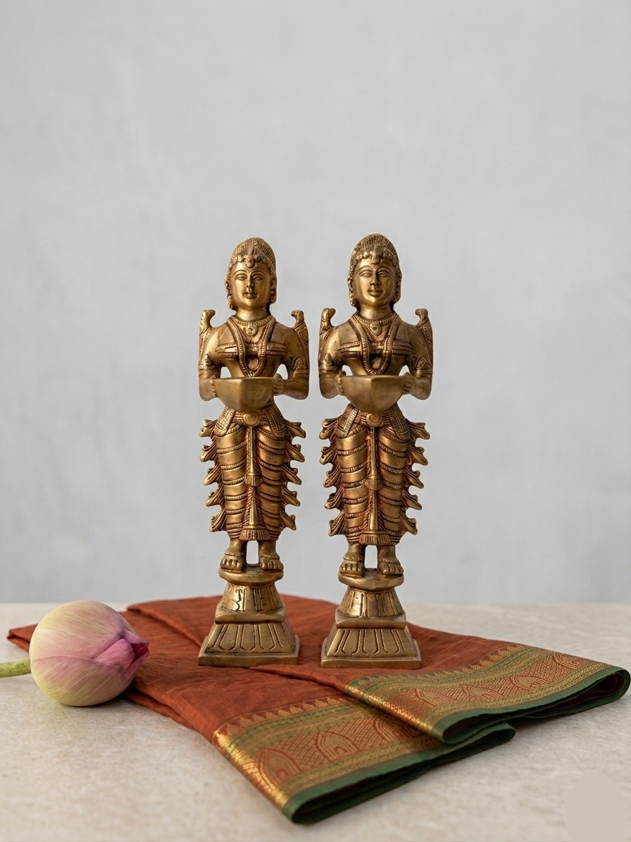 Antique Hand-Carved Brass Deep Lakshmi Oil Lamps for Pooja & Home Decor