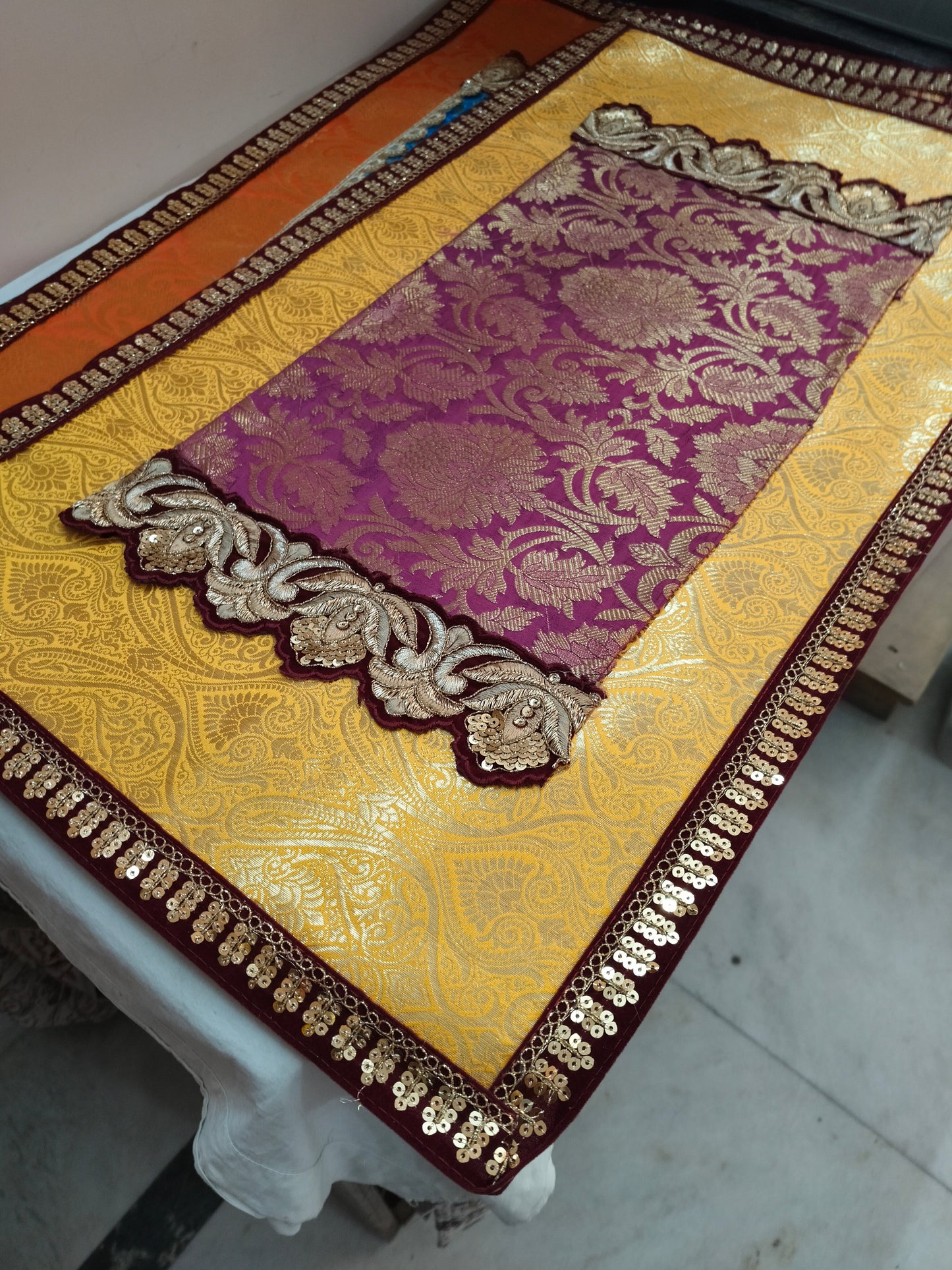 Embroided Banarasi Table  runner - yellow and violet
