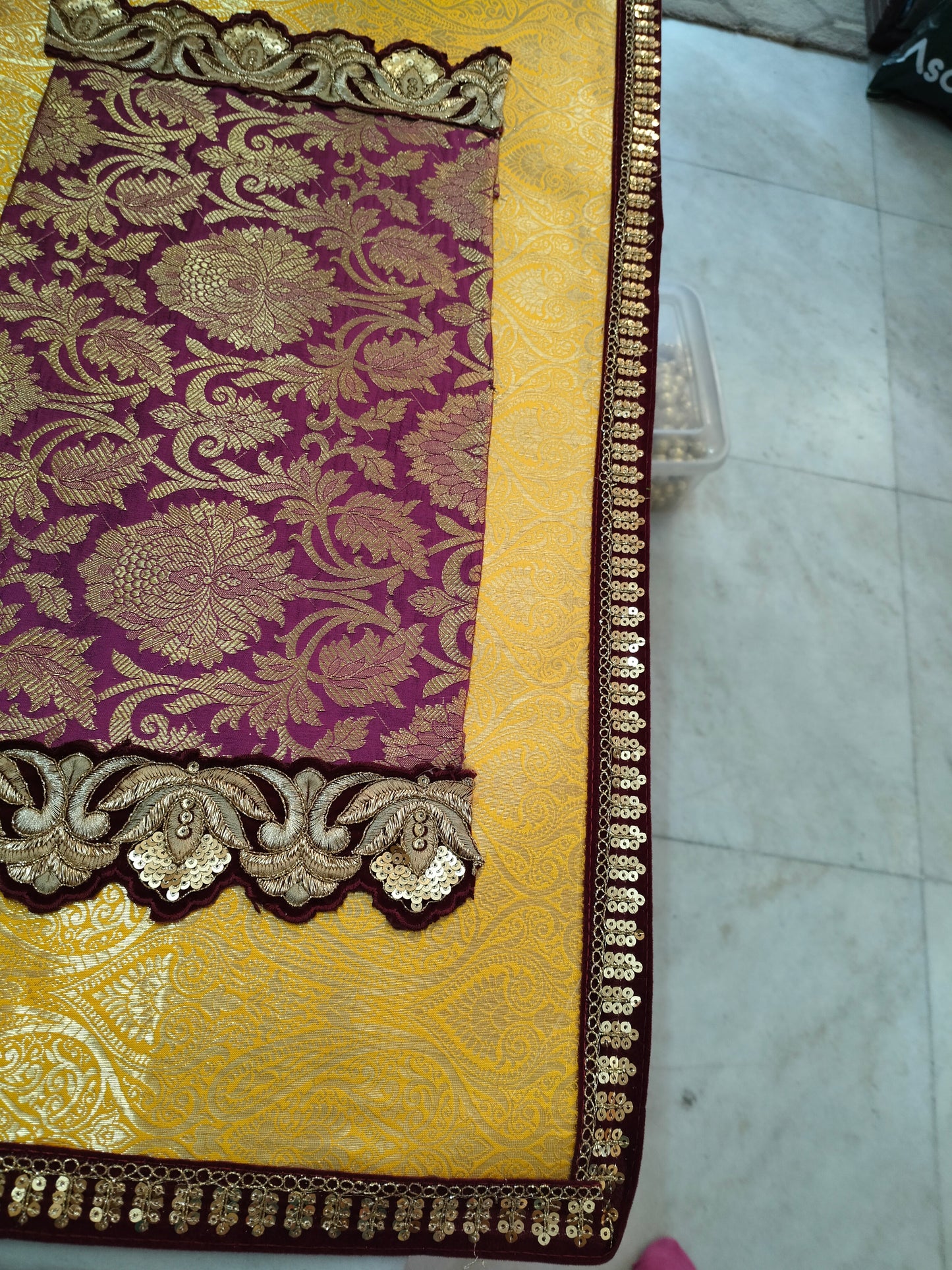 Embroided Banarasi Table  runner - yellow and violet