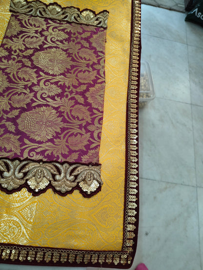 Embroided Banarasi Table  runner - yellow and violet