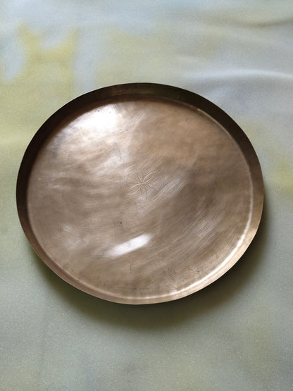 Antique hand carved brass tray thaal hammered back