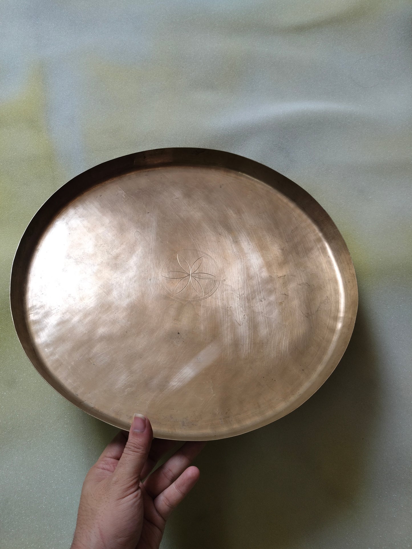 Antique hand carved brass tray thaal hammered back