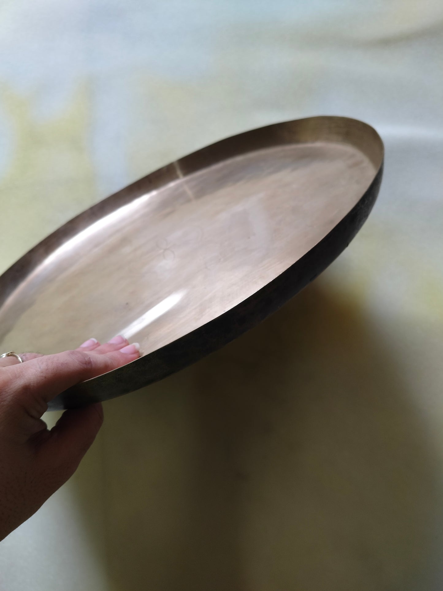 Antique hand carved brass tray thaal hammered back