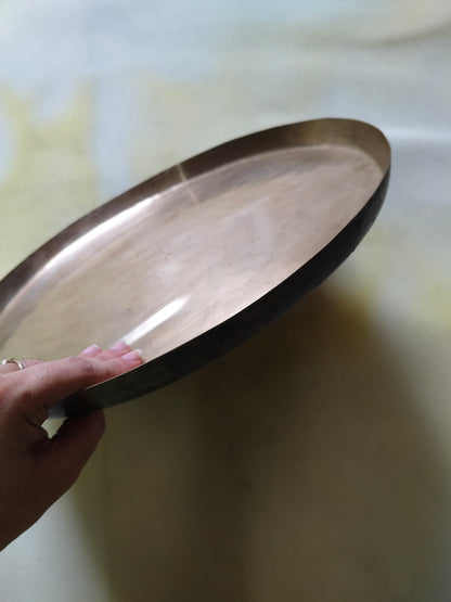 Antique hand carved brass tray thaal hammered back