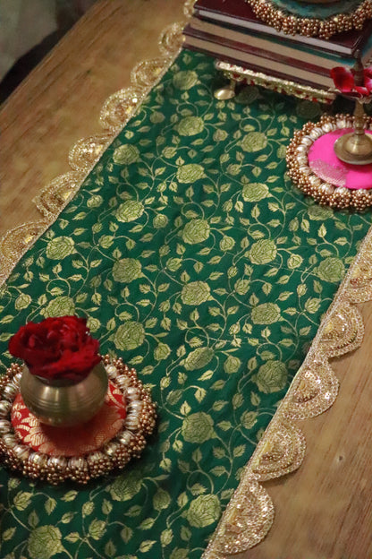 Banarasi Table  runner - various sizes - emerald green color
