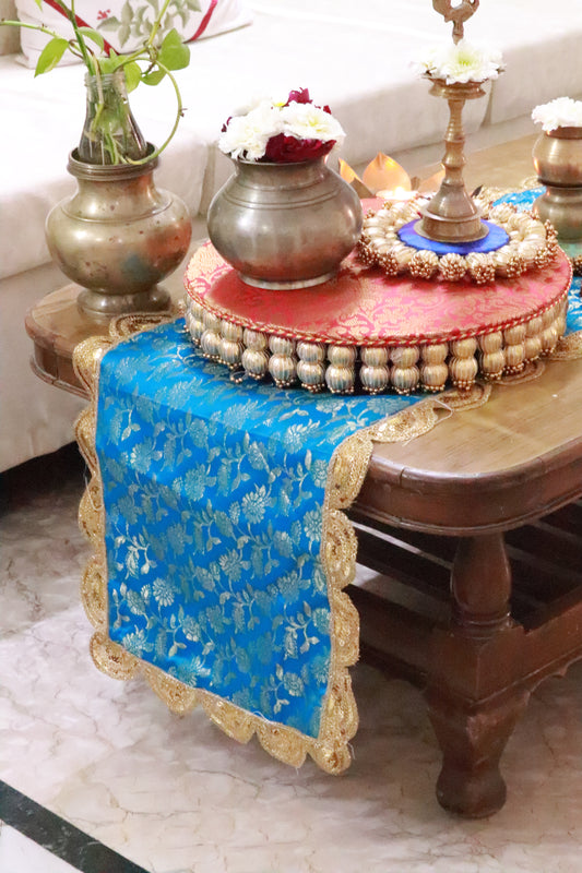 Banarasi Table  runner - various sizes - Teal blue color