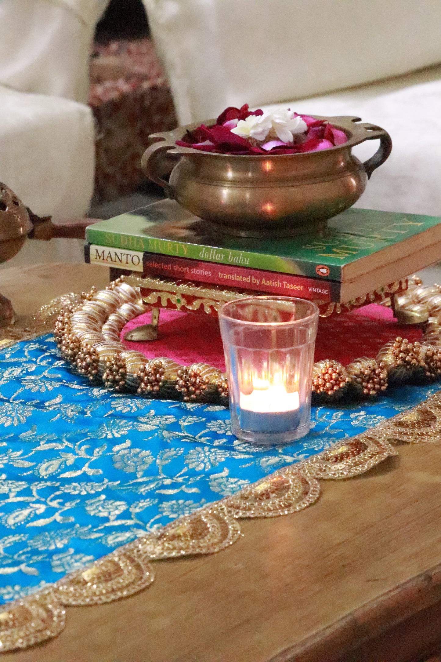 Banarasi Table  runner - various sizes - Teal blue color