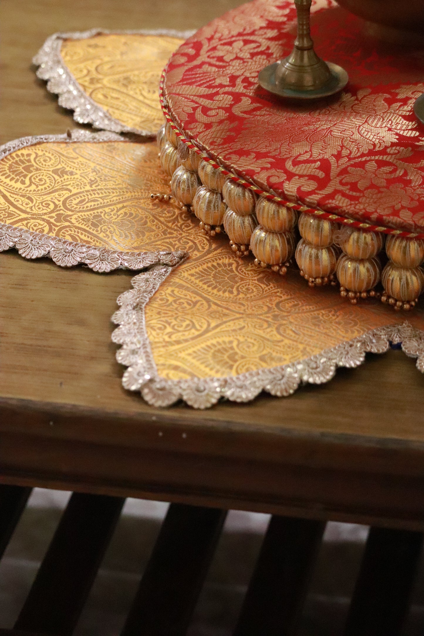 Flower shaped Banarasi Table  runner - various sizes - yellow color