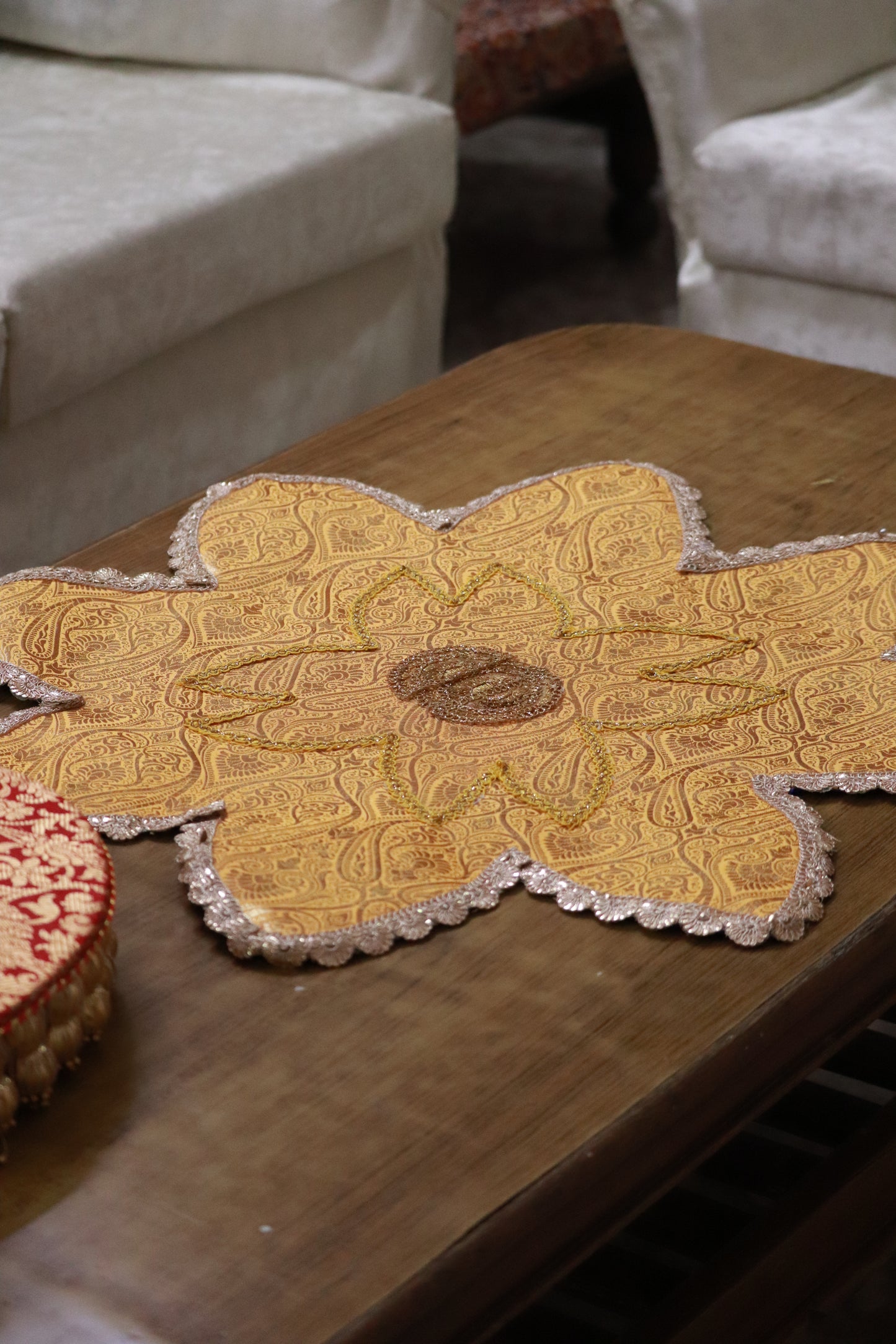 Flower shaped Banarasi Table  runner - various sizes - yellow color