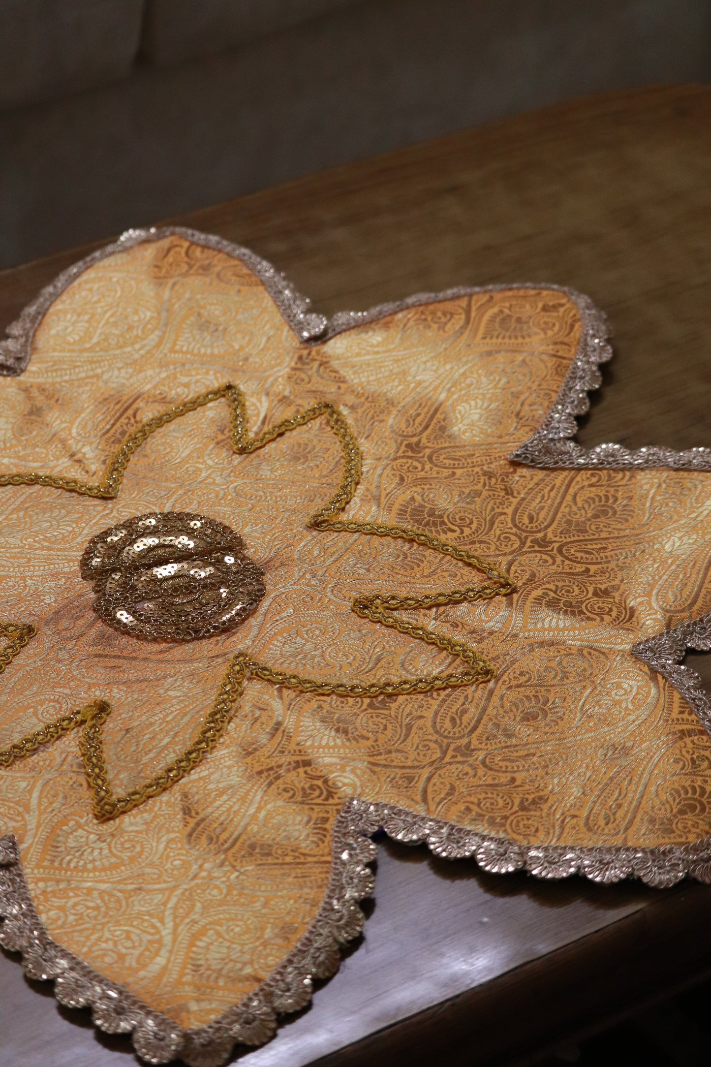 Flower shaped Banarasi Table  runner - various sizes - yellow color