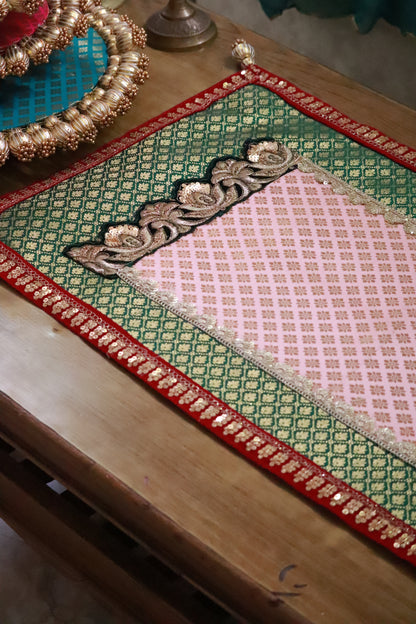 Embroided Banarasi Table  runner - Green and pink