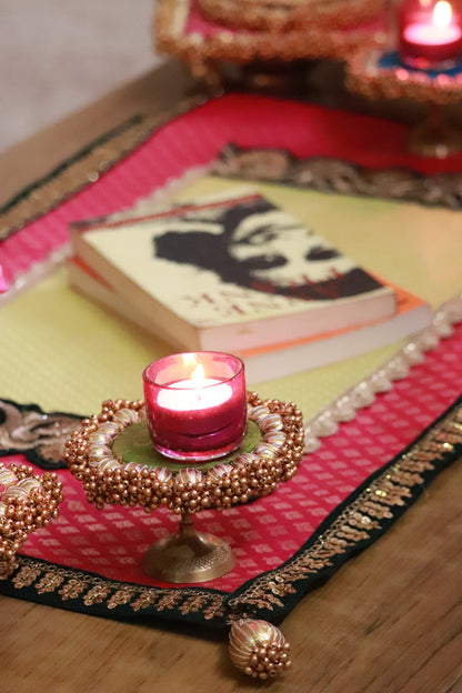 Embroided Banarasi Table  runner - Hot pink and Yellow