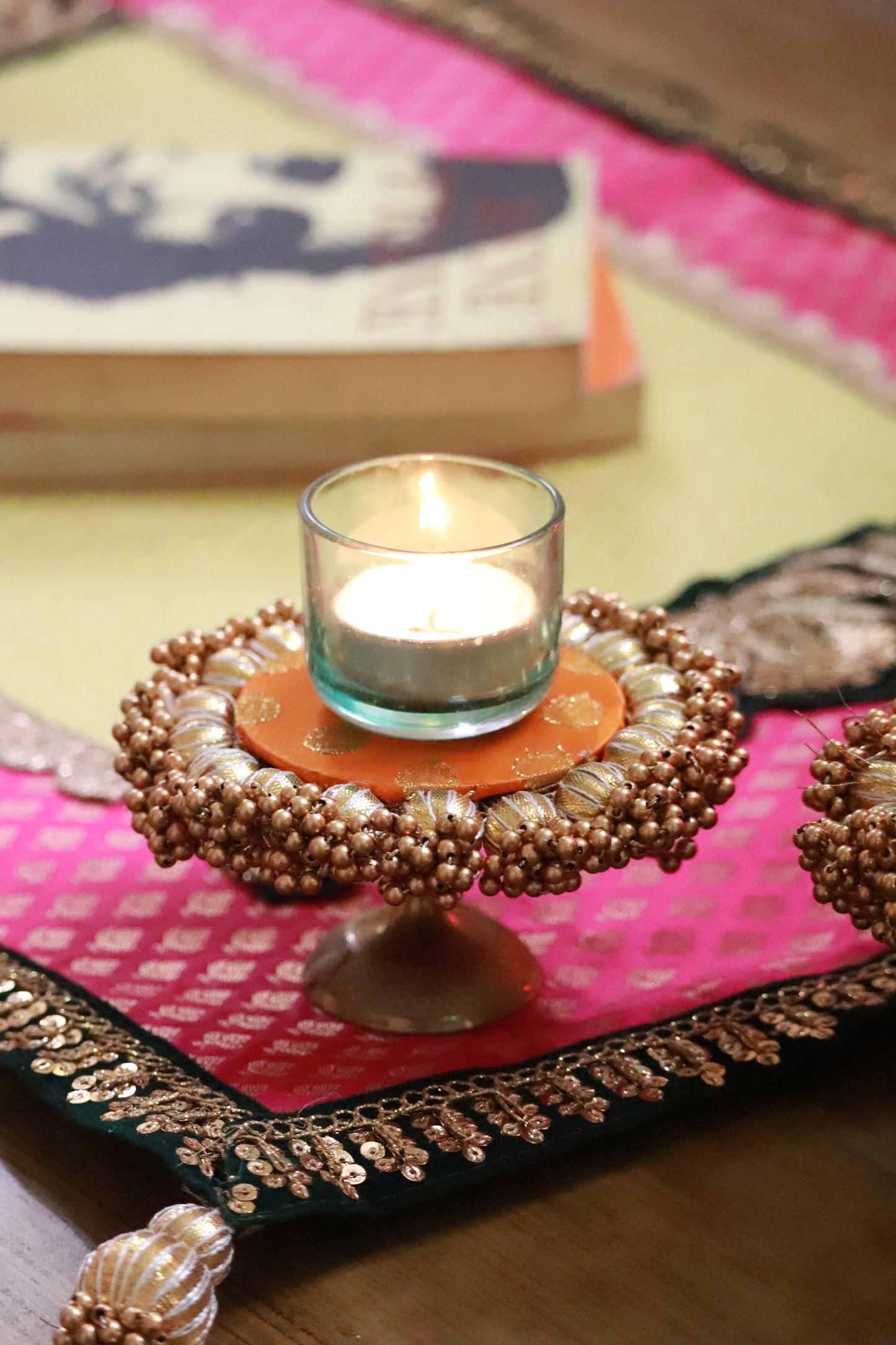 Embroided Banarasi Table  runner - Hot pink and Yellow